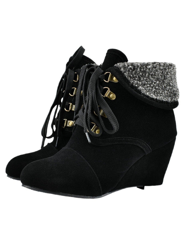 She finds her vintage story in this Suede Fleece Lace-Up Wedge Heel Ankle Boots