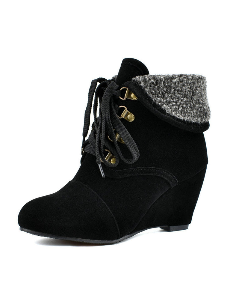 Suede Fleece Lace-Up Wedge Heel Ankle Boots — vintage style that transcends decades