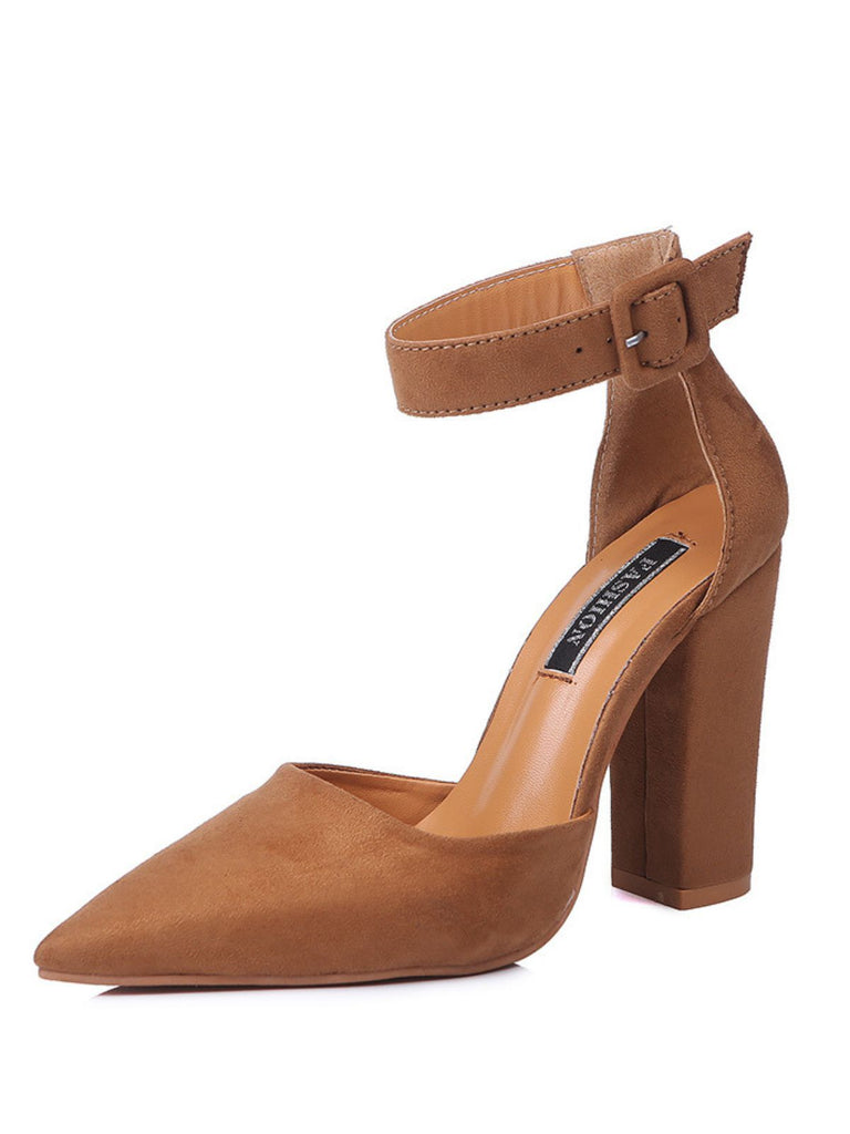 Suede Pointed-Toe Ankle Strap High Heel Pumps - vintage shoes, retro heels