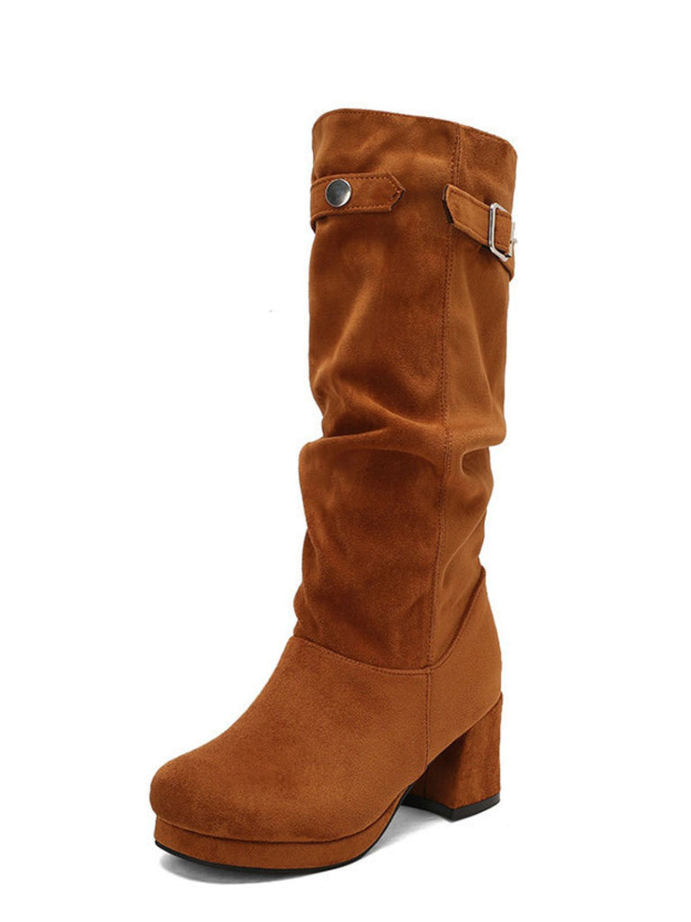 Suede Slouch Block Heel Mid Boots - vintage shoes, retro heels