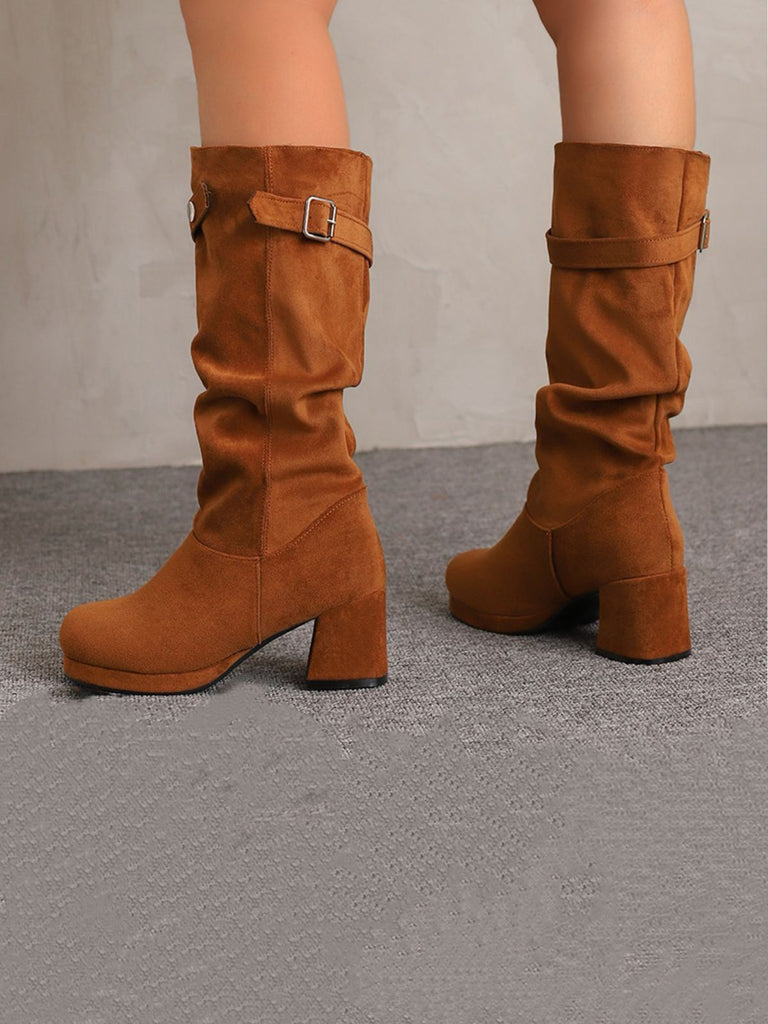 Suede Slouch Block Heel Mid Boots - vintage shoes, retro heels