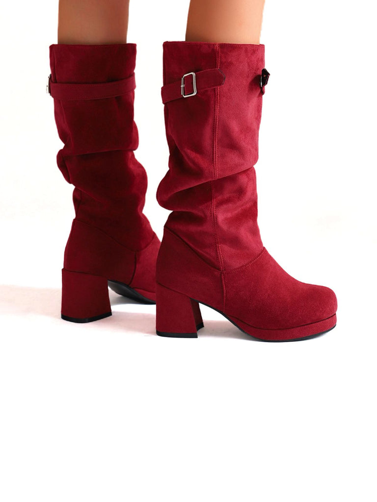 Suede Slouch Block Heel Mid Boots - vintage shoes, retro heels