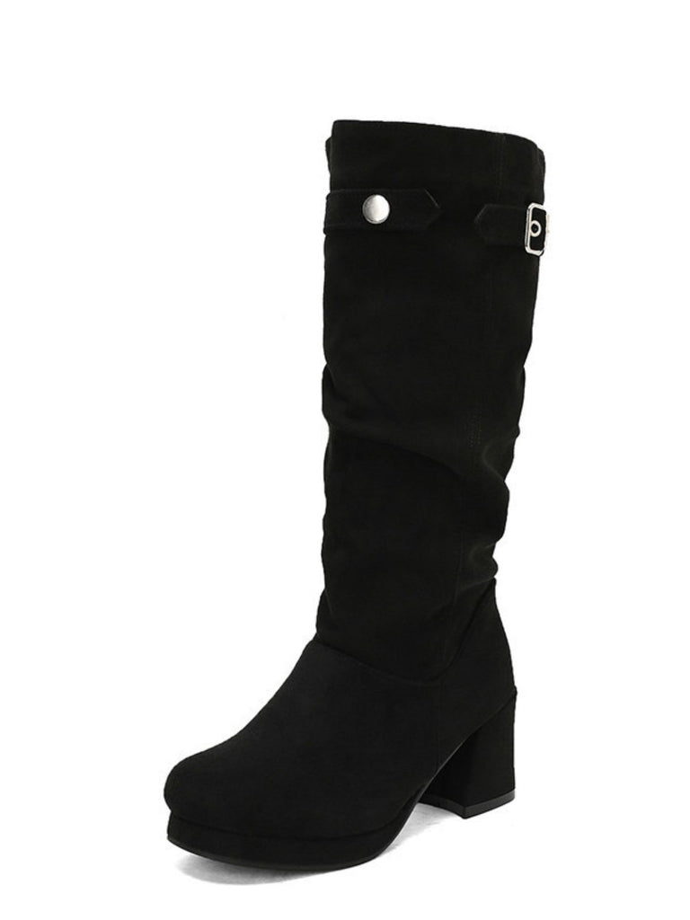 Suede Slouch Block Heel Mid Boots - vintage shoes, retro heels
