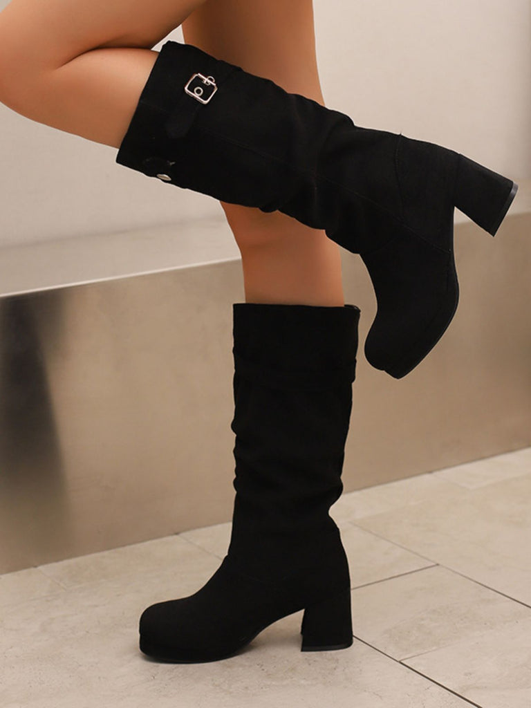 Suede Slouch Block Heel Mid Boots - vintage shoes, retro heels