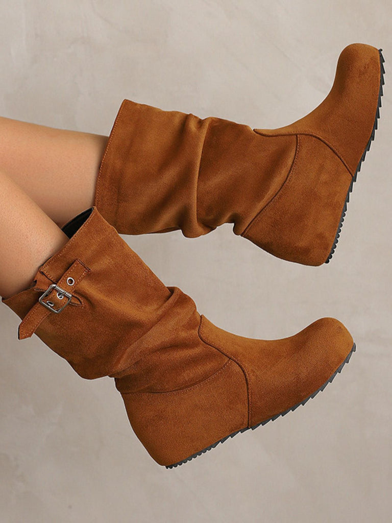 Suede Wedge Buckle Detail Boots - vintage fashion, retro style