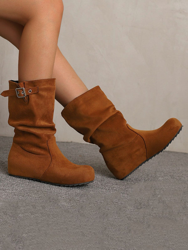 Suede Wedge Buckle Detail Boots - vintage fashion, retro style