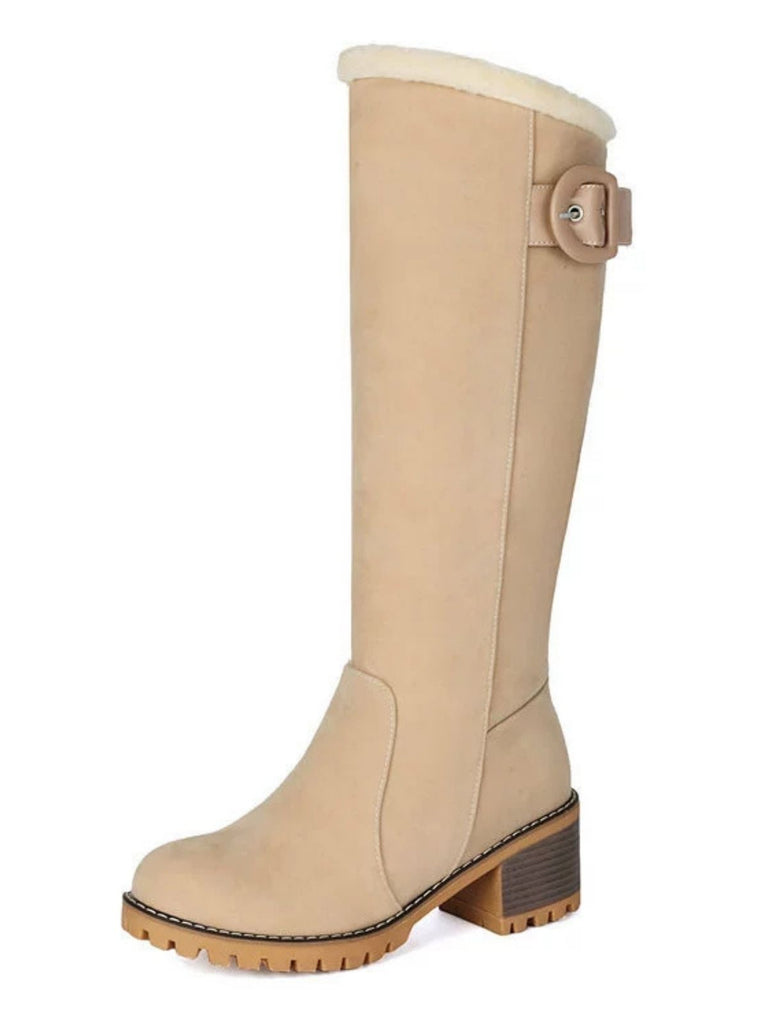 Suede buckle Faux Fur Knee-High Boots - vintage fashion, retro style