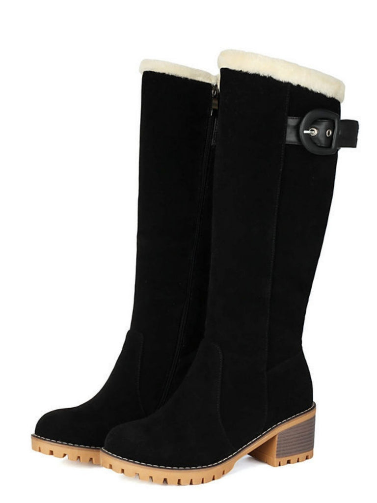 Suede buckle Faux Fur Knee-High Boots - vintage fashion, retro style