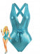 Turquoise Y2K Mermaid Scale Bow Metallic One-Piece Swimsuit - vintage swimsuit, pin-up style