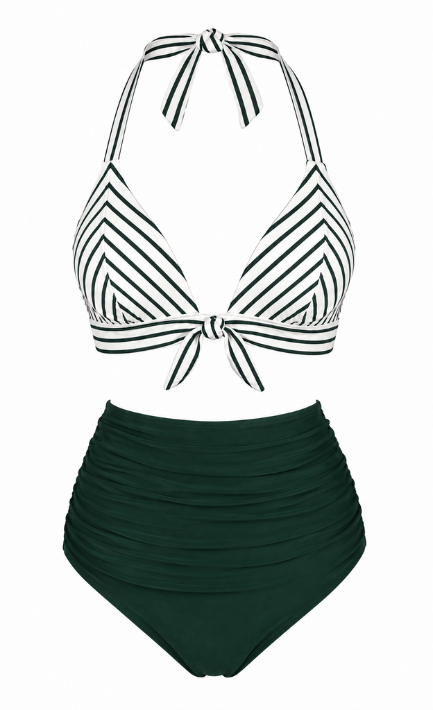 [Pre-Sale] Green 1950s Striped Halter Ruched Bikini Set, vintage swimsuit, pin-up swimwear - perfect for women who love vintage and retro fashion