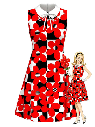 True Red 1960s Plaid Floral Bow Dress
