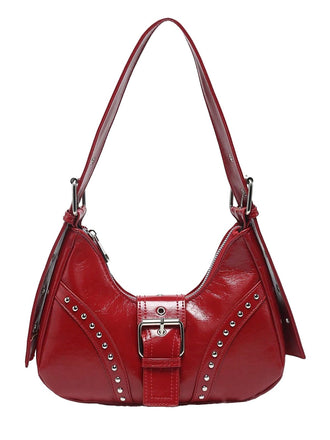 True Red Steampunk Leather Rivets Shoulder Bag - vintage fashion, retro style, elegant red