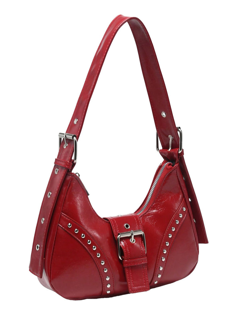 True Red Steampunk Leather Rivets Shoulder Bag - vintage fashion, retro style, elegant red