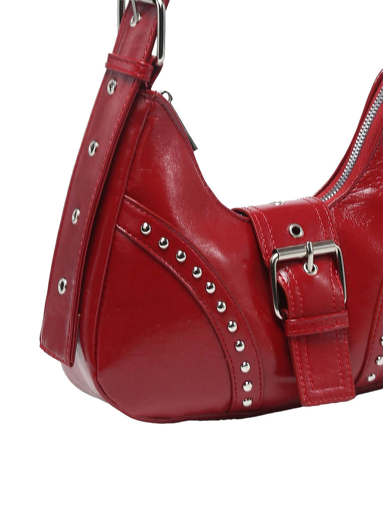 True Red Steampunk Leather Rivets Shoulder Bag - vintage fashion, retro style, elegant red