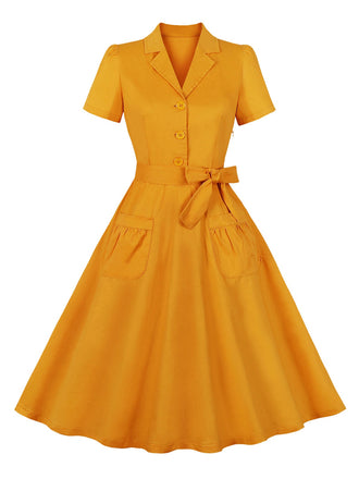 Turmeric 1950s Buttoned Lapel Belted Dress, vintage dress, retro fashion, rockabilly, pin-up fashion - perfect for women who love vintage and retro fashion