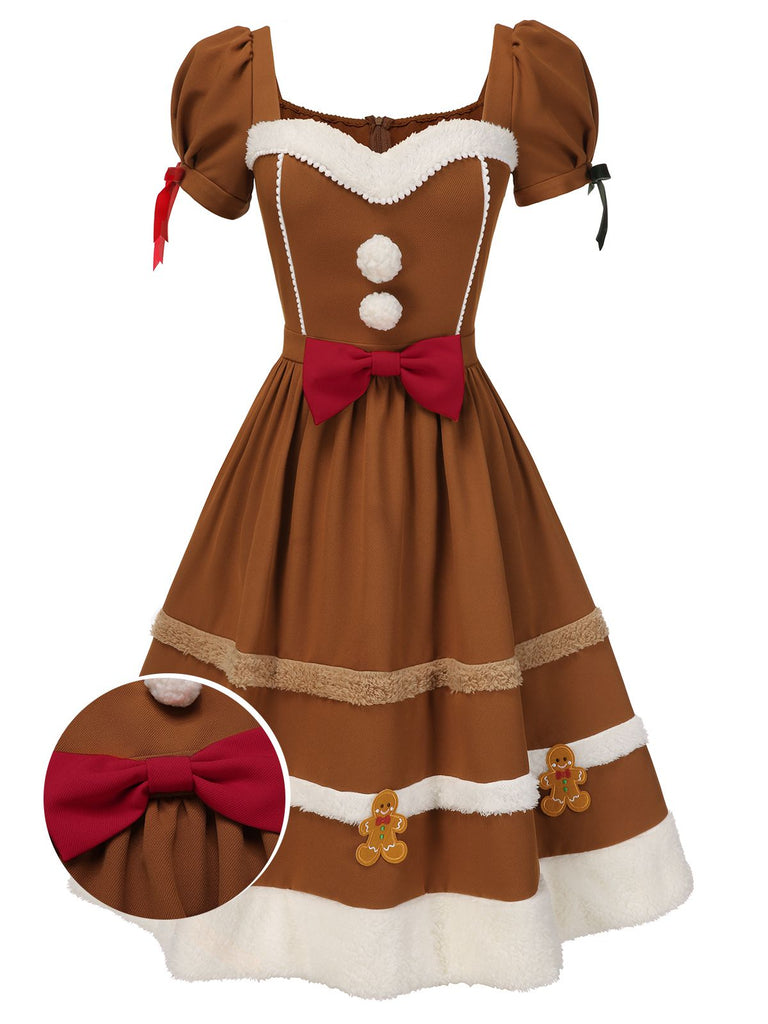 Turmeric 1950s Gingerbread Man Plush Trim Dress, vintage dress, retro fashion, rockabilly, pin-up fashion - perfect for women who love vintage and retro fashion