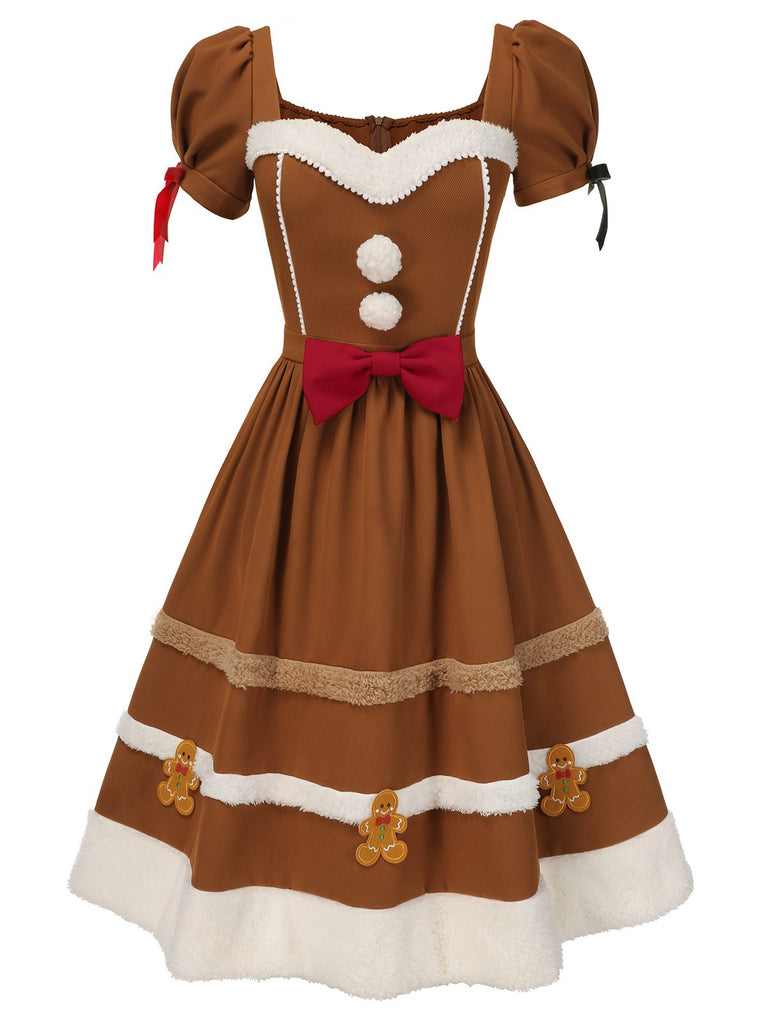 Turmeric 1950s Gingerbread Man Plush Trim Dress, vintage dress, retro fashion, rockabilly, pin-up fashion - perfect for women who love vintage and retro fashion