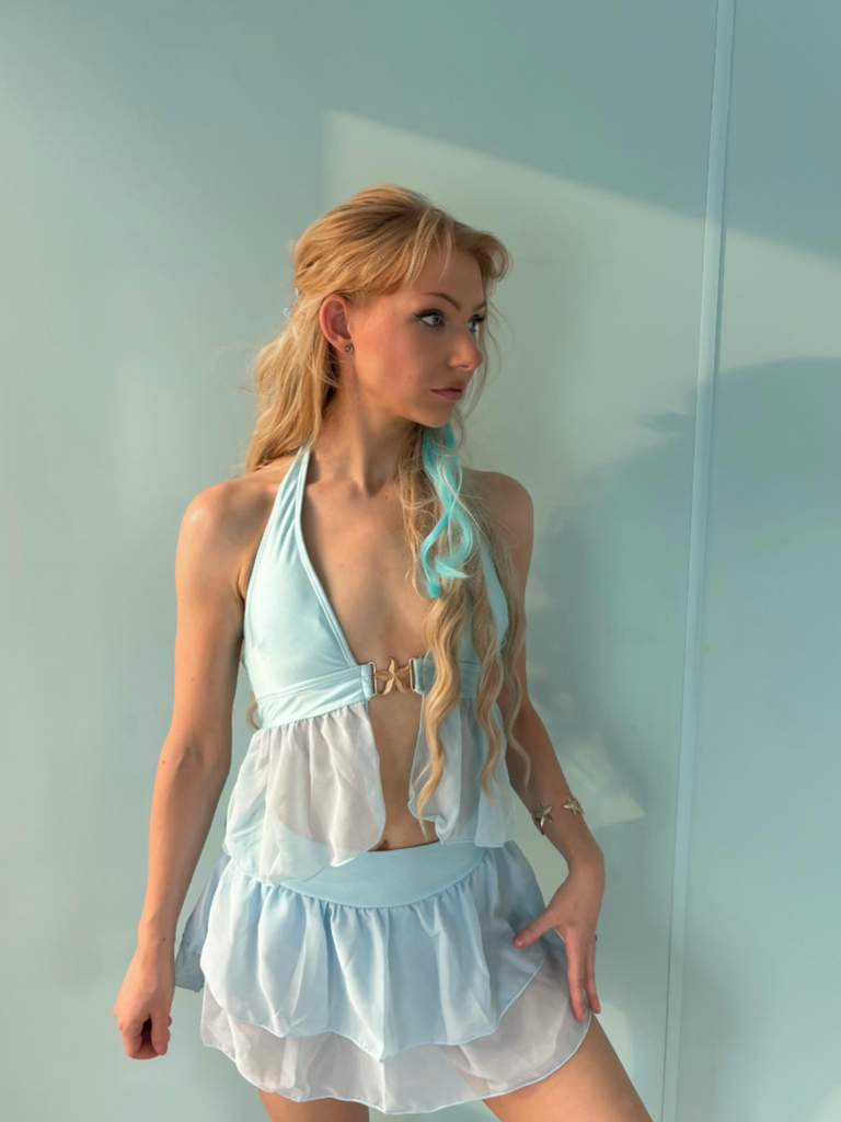 Turquoise 1950s Chiffon Starfish Halter Ruffled Tankini Set, vintage fashion, retro style - perfect for women who love vintage and retro fashion