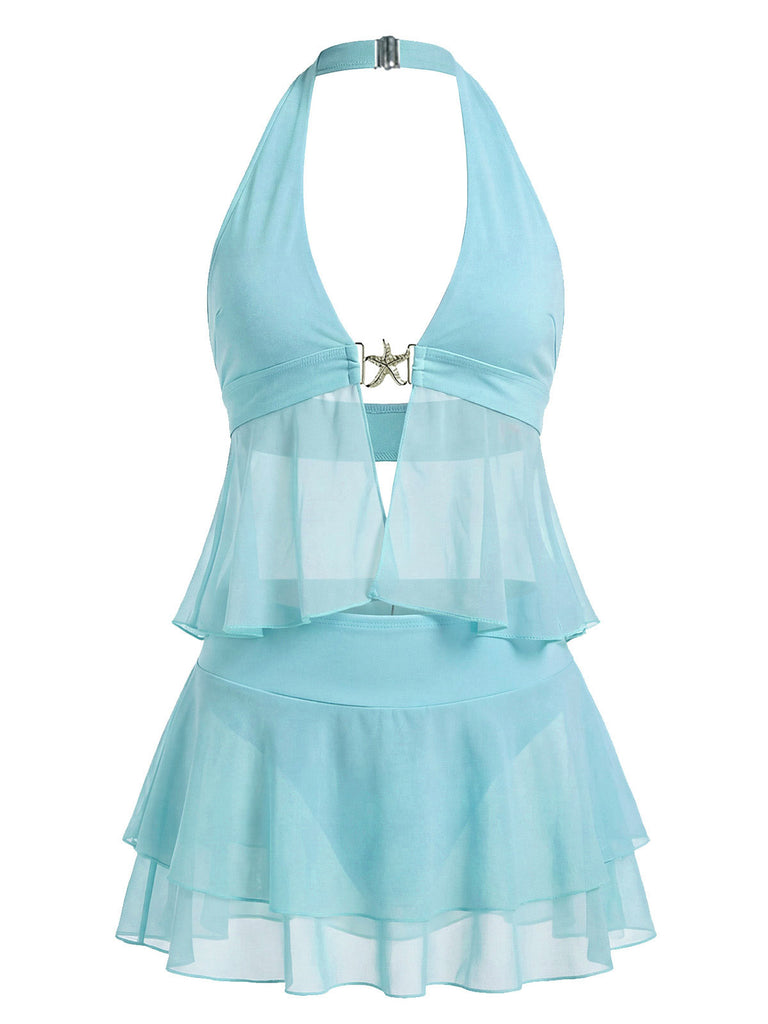 Turquoise 1950s Chiffon Starfish Halter Ruffled Tankini Set, vintage set, retro outfit, matching ensemble, women, elegant