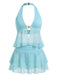 Turquoise 1950s Chiffon Starfish Halter Ruffled Tankini Set, vintage set, retro outfit, matching ensemble, women, elegant