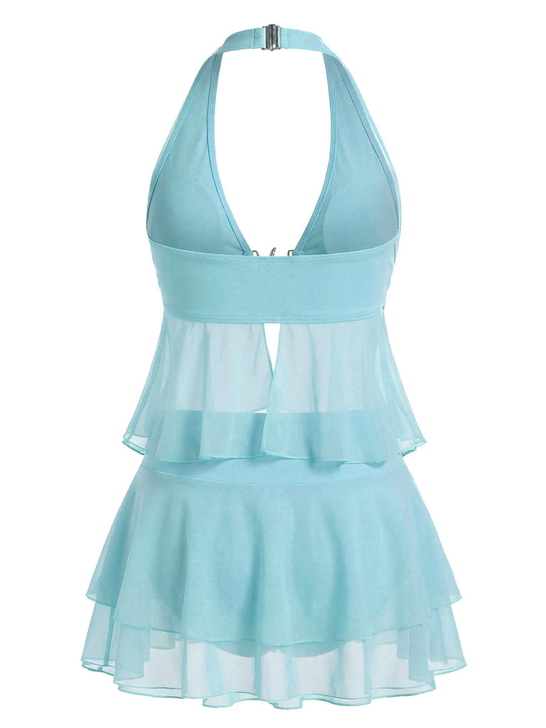 Turquoise 1950s Chiffon Starfish Halter Ruffled Tankini Set, vintage set, retro outfit, matching ensemble, women, elegant