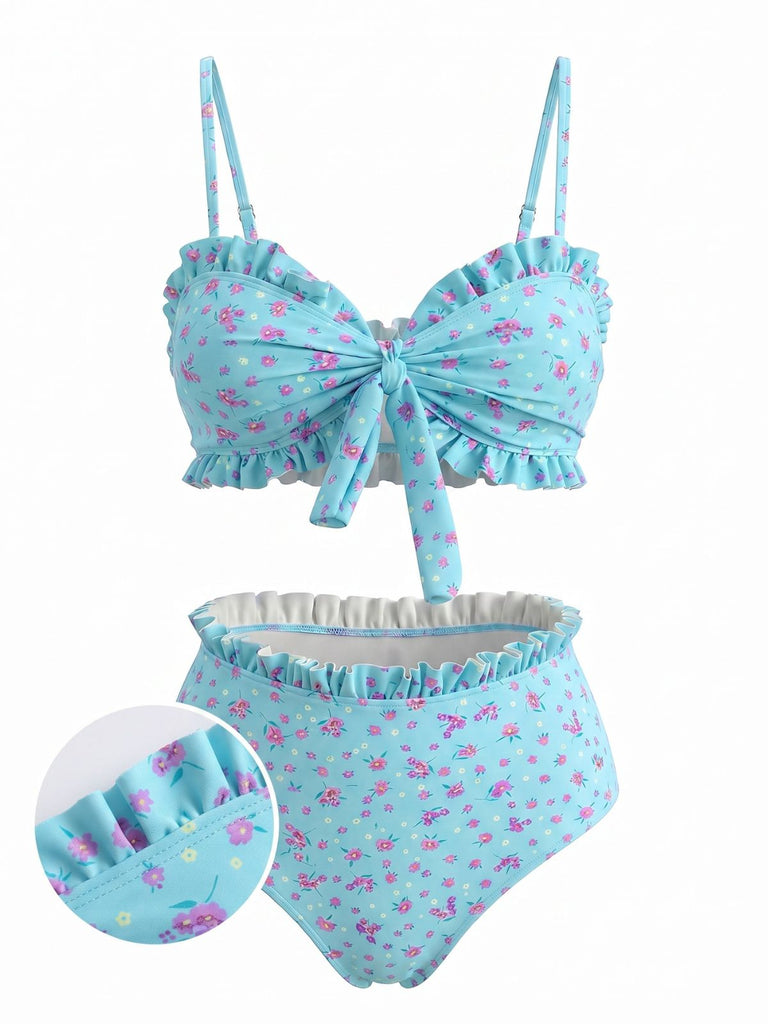 Turquoise 1950s Print Spaghetti Strap High Waist Tankini Set 5