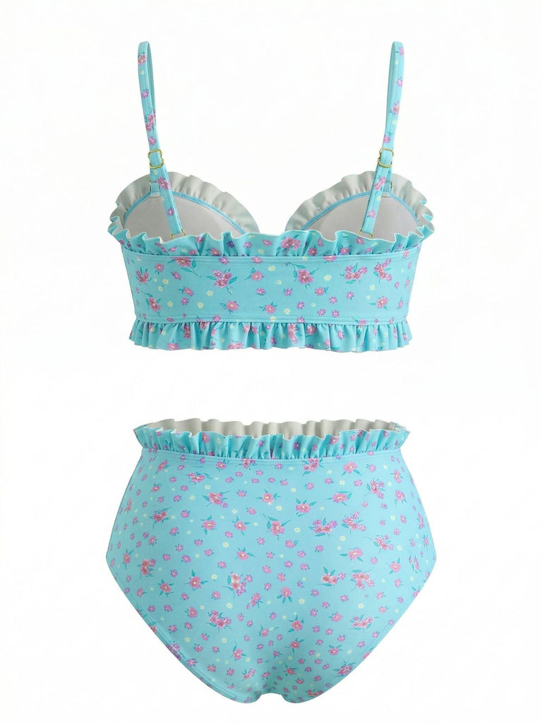 Turquoise 1950s Print Spaghetti Strap High Waist Tankini Set 6