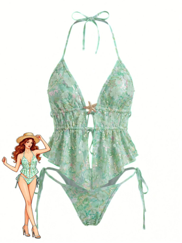 Turquoise 1960s Floral Sequin Halter Tie Bikini Set, vintage swimsuit, pin-up swimwear - perfect for women who love vintage and retro fashion