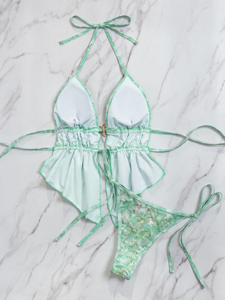 Turquoise 1960s Floral Sequin Halter Tie Bikini Set, vintage swimsuit, pin-up swimwear - perfect for women who love vintage and retro fashion