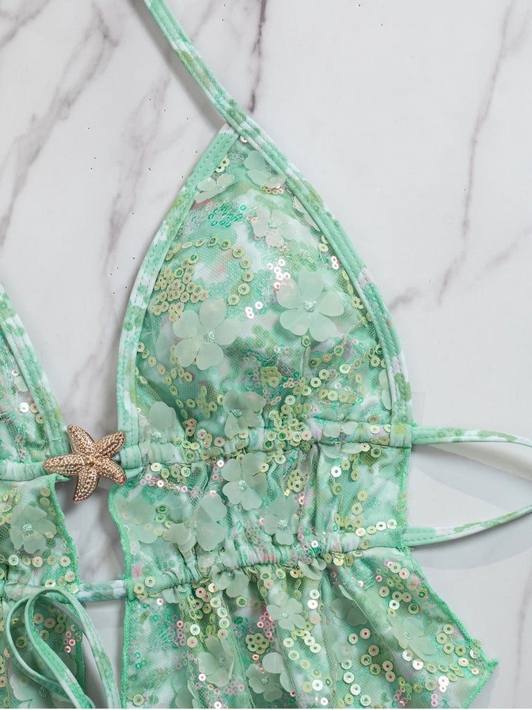 Turquoise 1960s Floral Sequin Halter Tie Bikini Set, vintage swimsuit, pin-up swimwear - perfect for women who love vintage and retro fashion