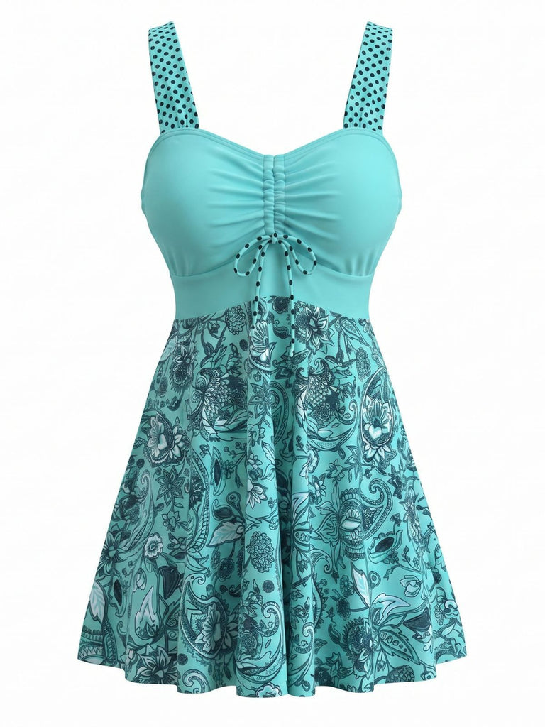 Turquoise 1980s Paisley Ruched Bust Polka Strap Swim Dress, vintage dress, retro fashion - perfect for women who love vintage and retro fashion