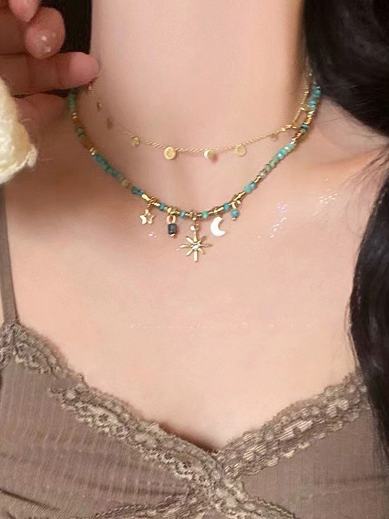 Turquoise Beaded Boho Star Moon Sun Pendant Necklace, vintage fashion, retro style - perfect for women who love vintage and retro fashion