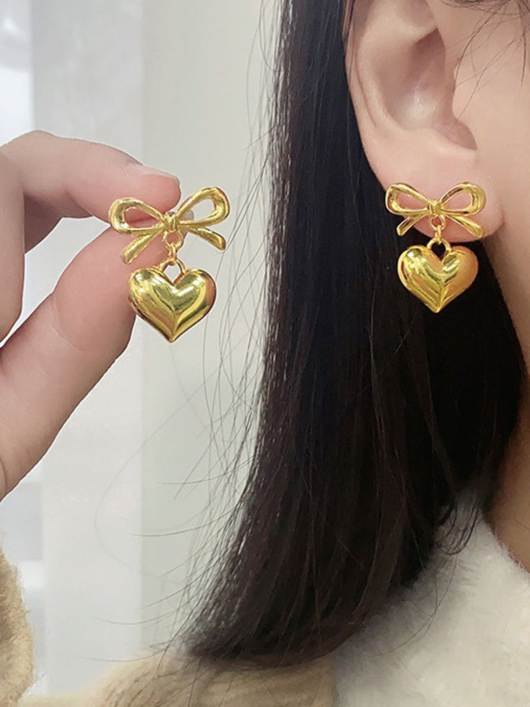 Valentine Alloy Bow Heart Drop Earrings - vintage fashion, retro style