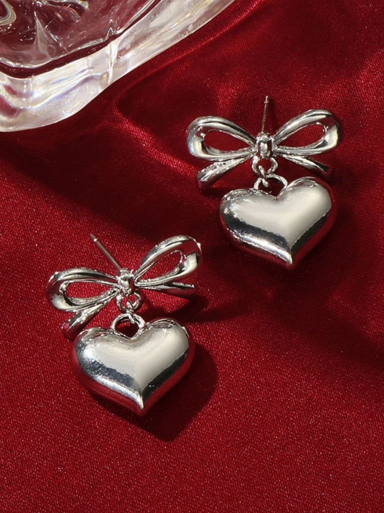 Valentine Alloy Bow Heart Drop Earrings - vintage fashion, retro style