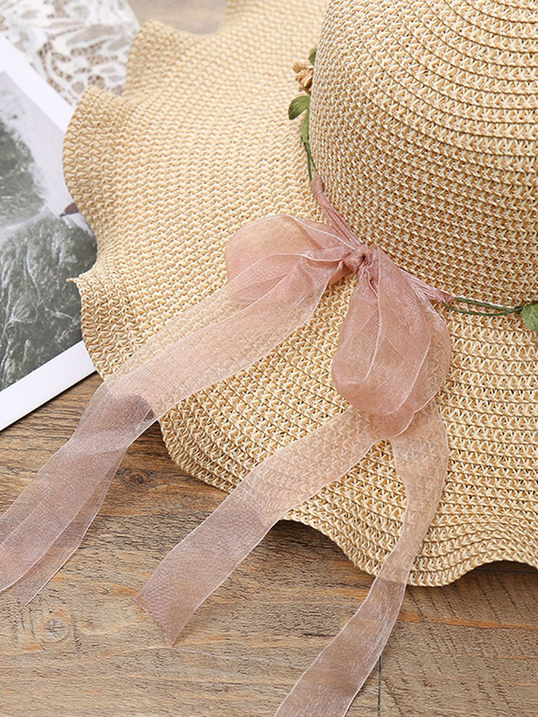 Vintage 3D Floral Raffia Fringe Brim Sun Hat - vintage fashion, retro style