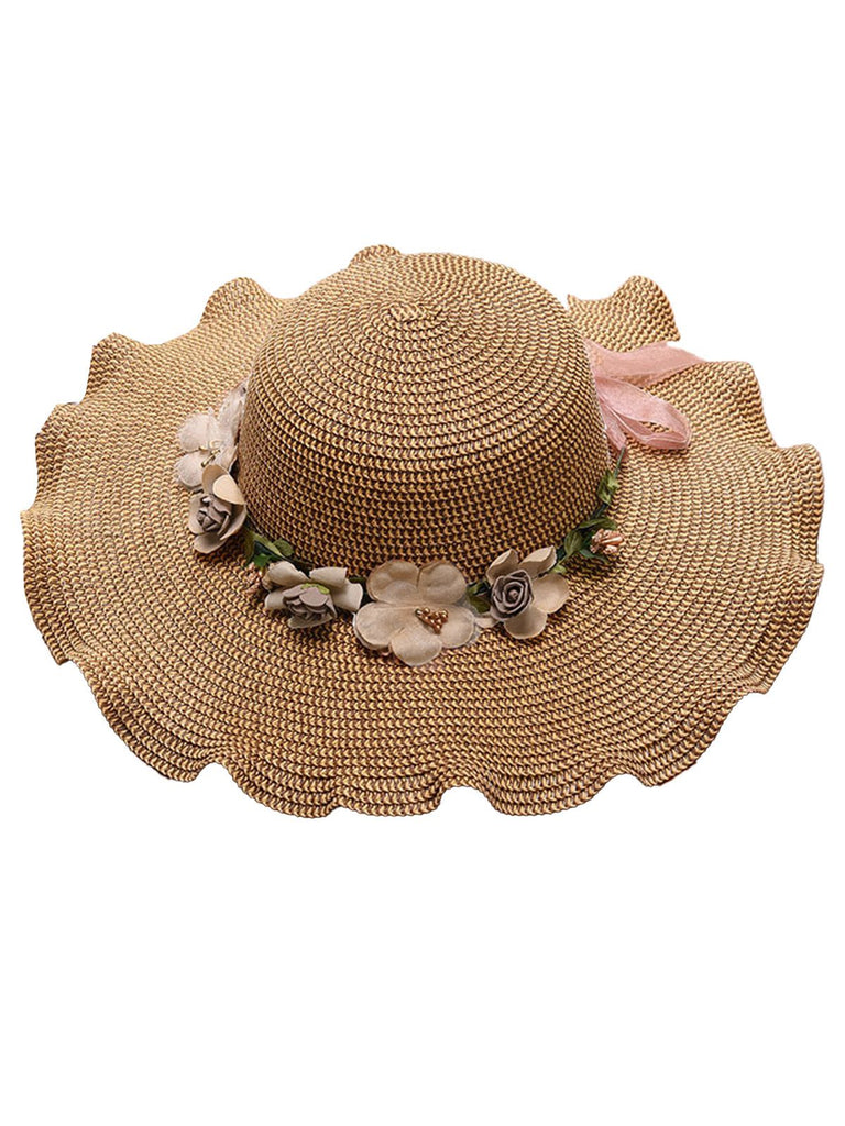 Vintage 3D Floral Raffia Fringe Brim Sun Hat, vintage fashion, retro style - perfect for women who love vintage and retro fashion
