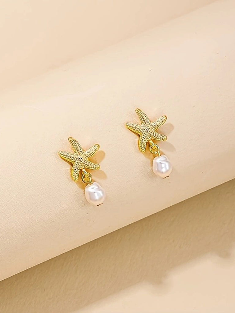 Vintage Alloy Starfish & Pearl Earrings - vintage fashion, retro style