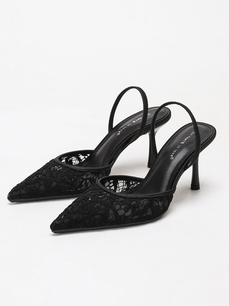 Vintage Black Pointed Toe Lace Slingback Pumps - vintage fashion, retro style for vintage lovers