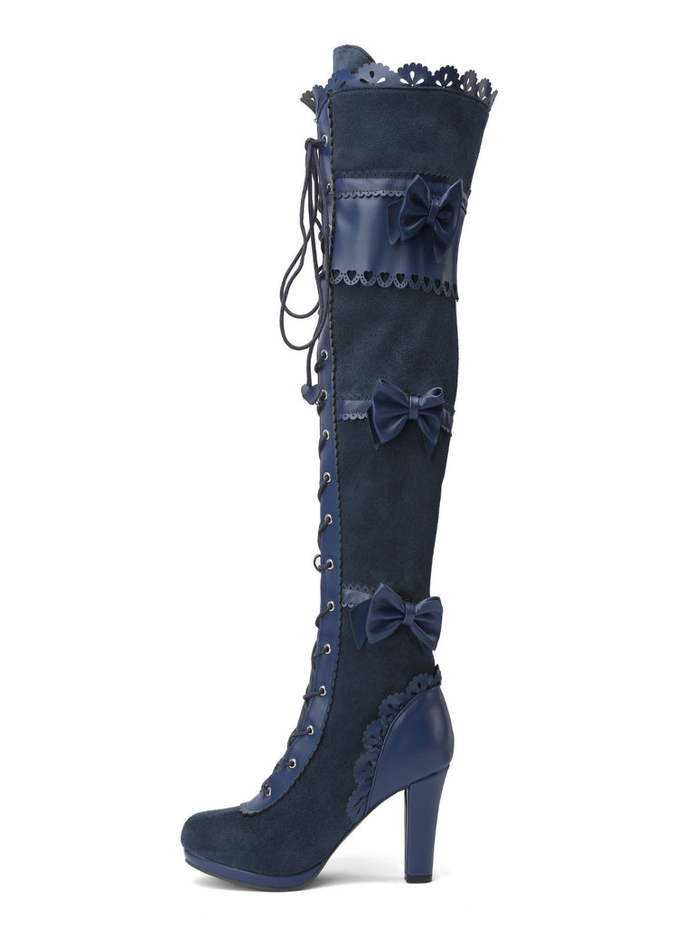 Vintage Bow Lace-Up High Heel Long Boots - vintage shoes, retro heels