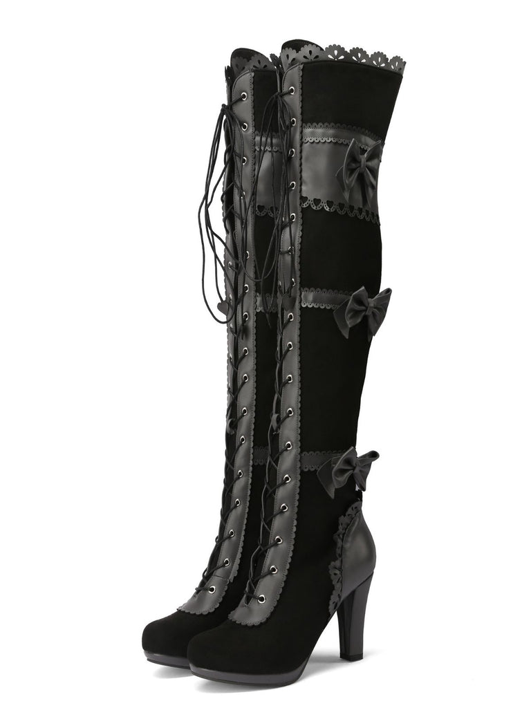 Vintage Bow Lace-Up High Heel Long Boots - vintage shoes, retro heels