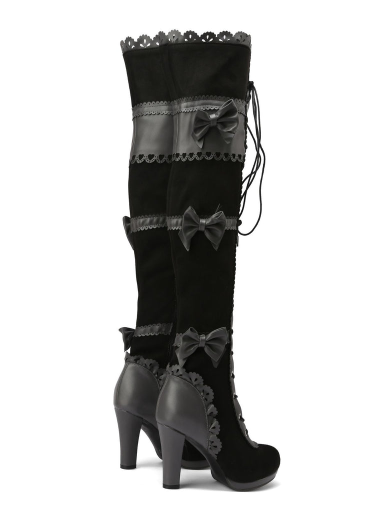 Vintage Bow Lace-Up High Heel Long Boots - vintage shoes, retro heels