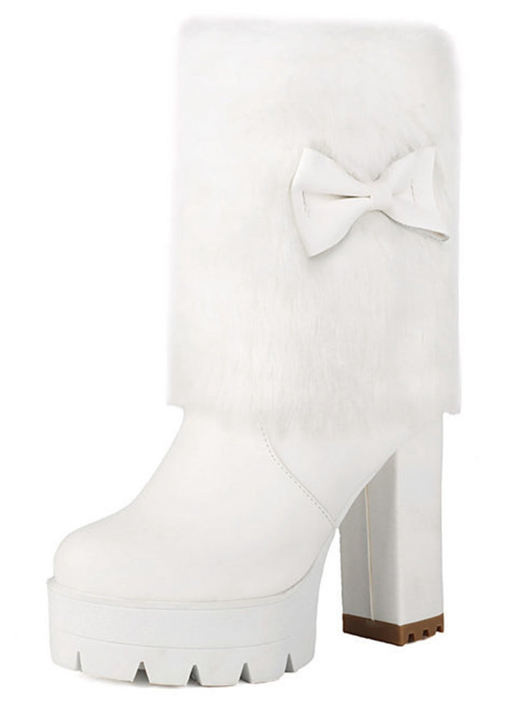 Vintage Bowknot Plush Chunky Heel Boots - vintage shoes, retro heels