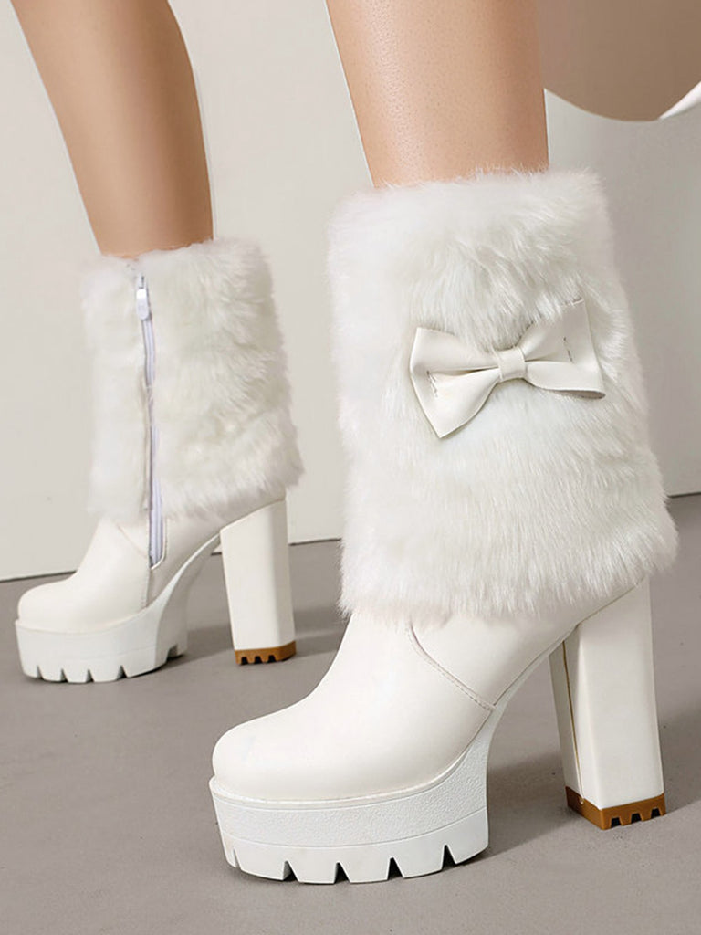 Vintage Bowknot Plush Chunky Heel Boots - vintage shoes, retro heels