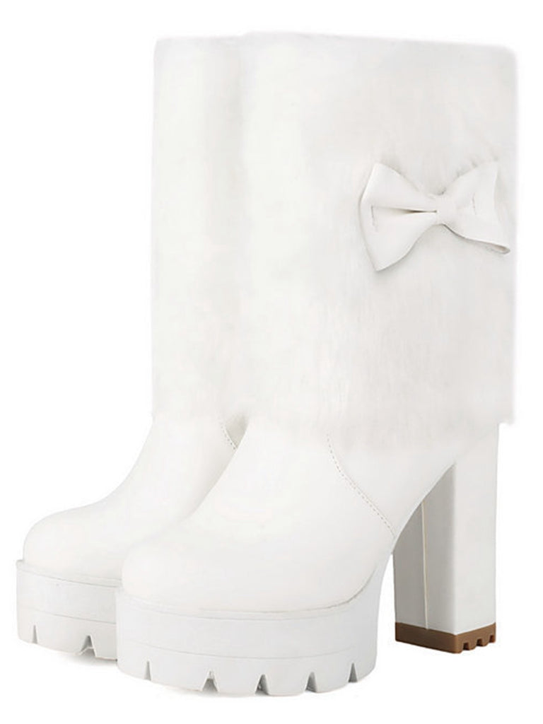 Vintage Bowknot Plush Chunky Heel Boots - vintage shoes, retro heels