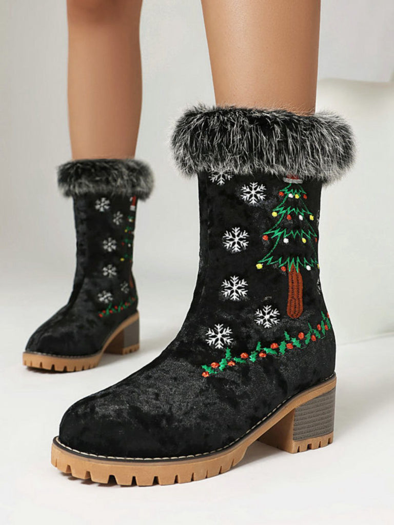 Vintage Christmas Tree Snowflake Plush Chunky Heel Boots - vintage shoes, retro heels