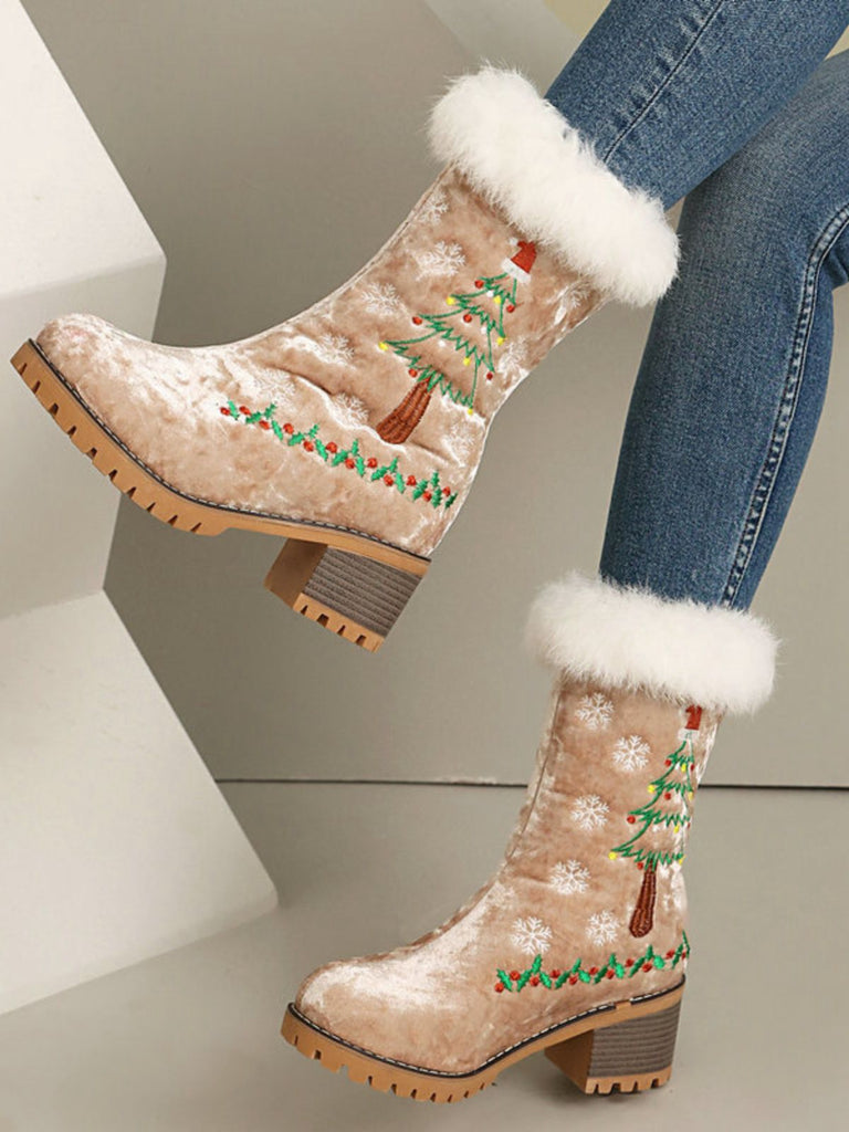 Vintage Christmas Tree Snowflake Plush Chunky Heel Boots - vintage shoes, retro heels