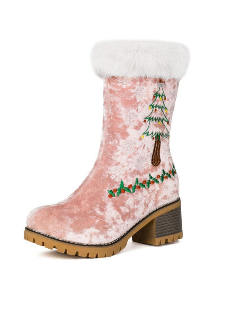 Vintage Christmas Tree Snowflake Plush Chunky Heel Boots - vintage shoes, retro heels