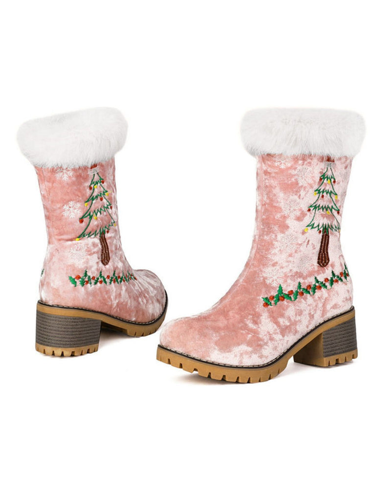 Vintage Christmas Tree Snowflake Plush Chunky Heel Boots - vintage shoes, retro heels