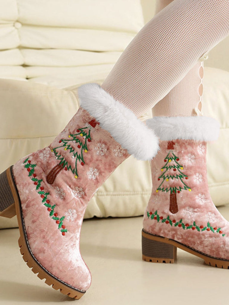 Vintage Christmas Tree Snowflake Plush Chunky Heel Boots - vintage shoes, retro heels