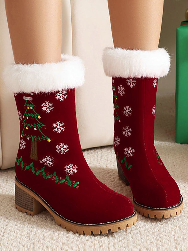 Vintage Christmas Tree Snowflake Plush Chunky Heel Boots - vintage shoes, retro heels
